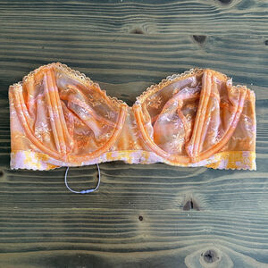 Women's Savage X Fenty Orange Pink Lace Sheer Mesh Bra 34D Underwire Romantic